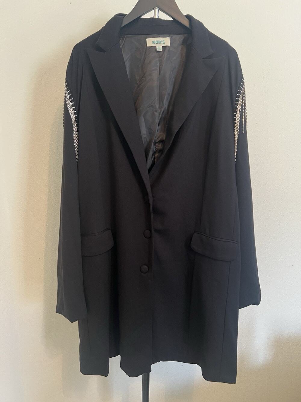 Rockin' G Womens XL Black Long Blazer Jacket Fringe Beaded Lined Pockets Western